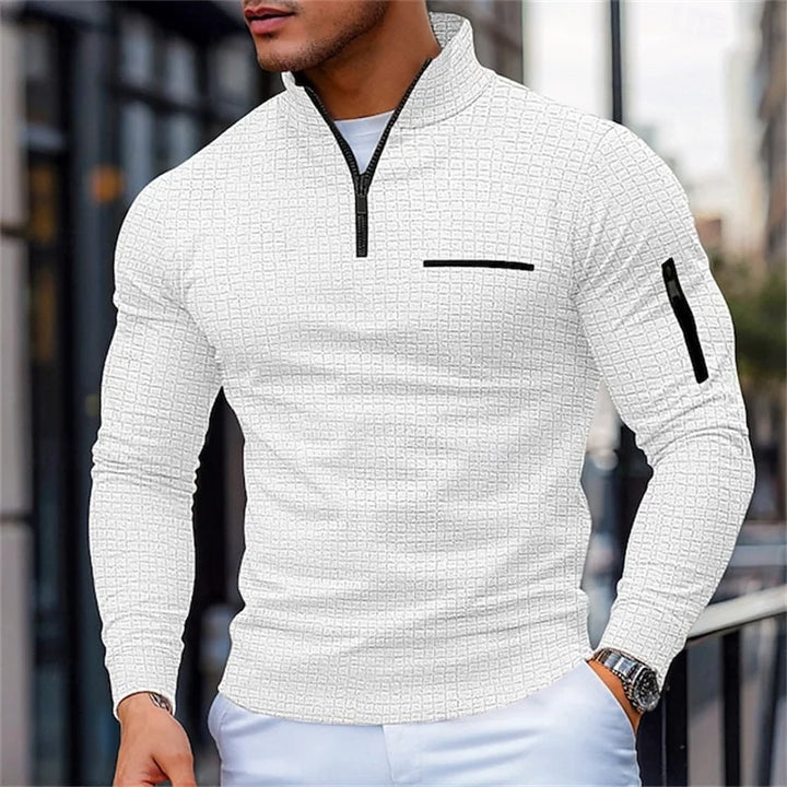 Herren Strukturpullover in Weiss mit Stehkragen und Reissverschluss