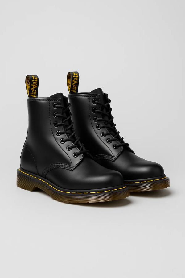 Schwarze Damen Schnürstiefel mit gelben Nähten auf hellem Hintergrund