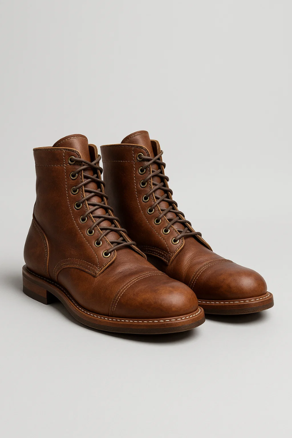 Herren Stiefel in Khaki mit klassischer Schnürung auf hellem Hintergrund