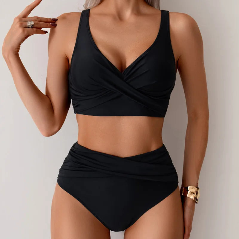 Modernes schwarzes Damen High Waist Push-Up Bikini Set, figurformend für Schwimmen & Pool.