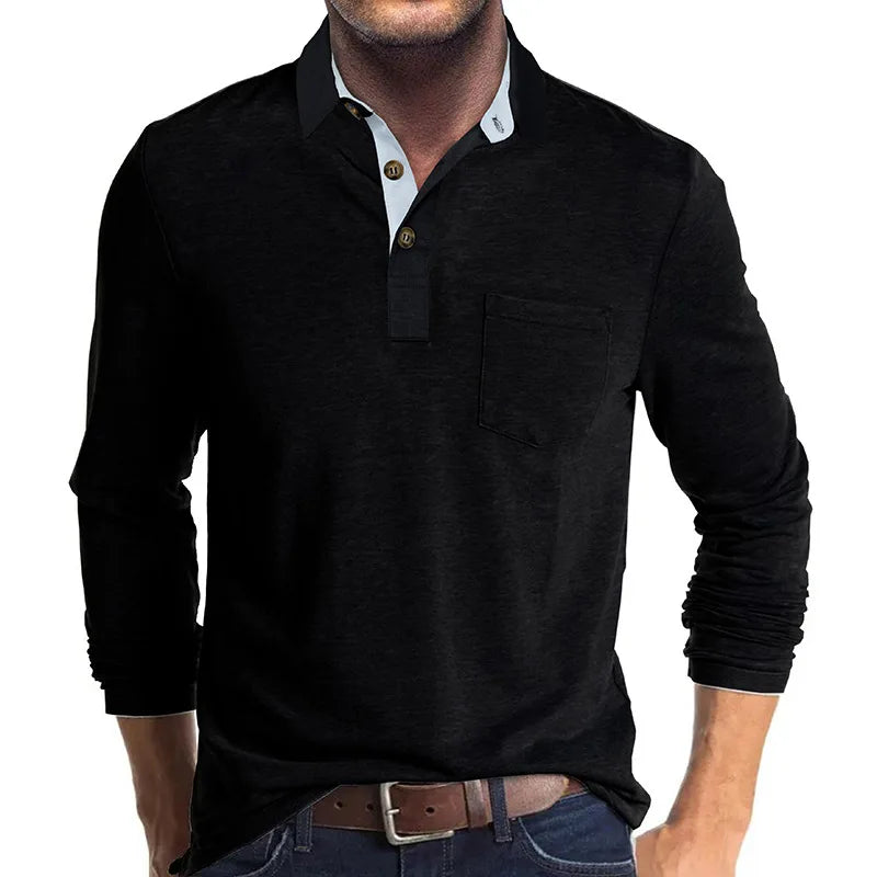 Herren Langarmshirt mit Knopfleiste in Schwarz von vorne