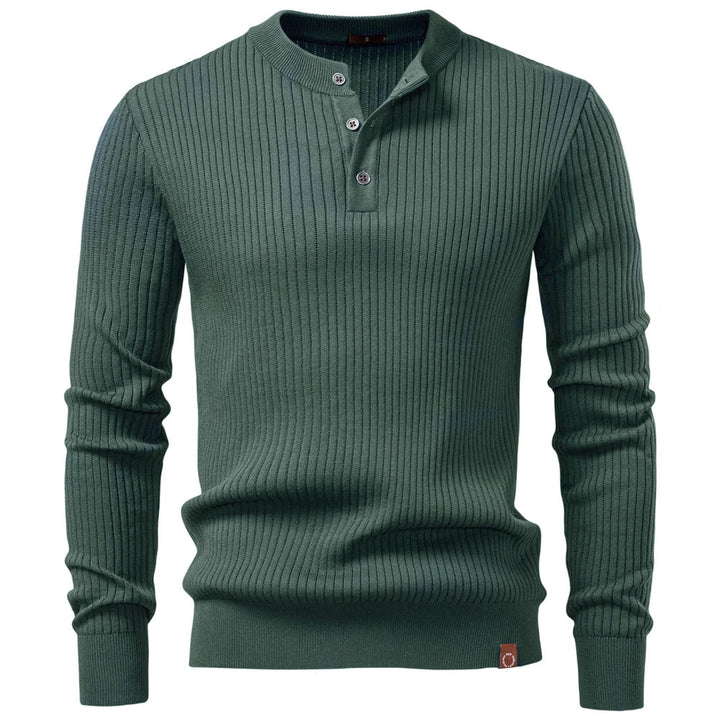 Blauer langärmliger Herrenpullover mit Struktur und Knöpfen