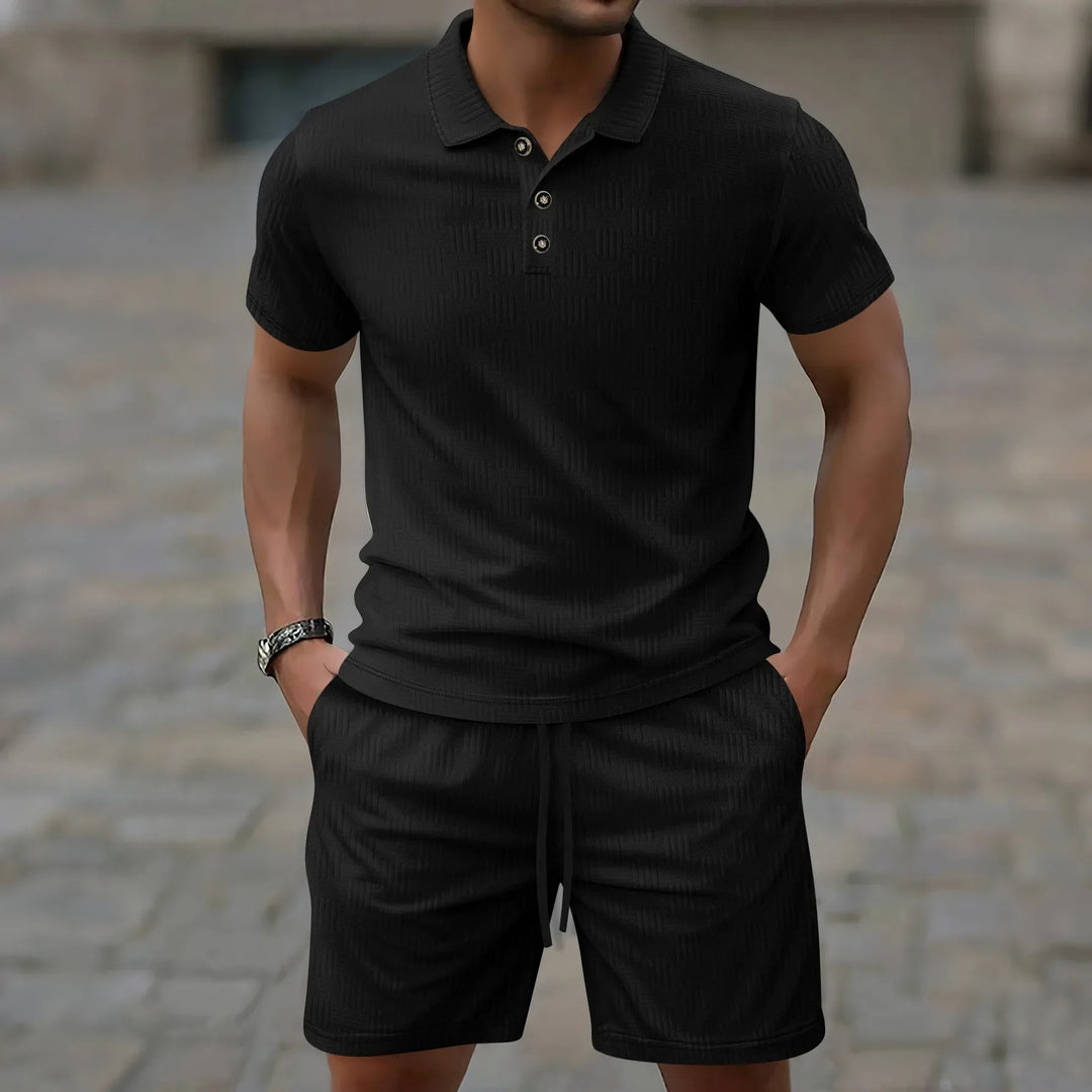 Herren Kurzarm Polo-Set Detailansicht des Stoffes und Kragens
