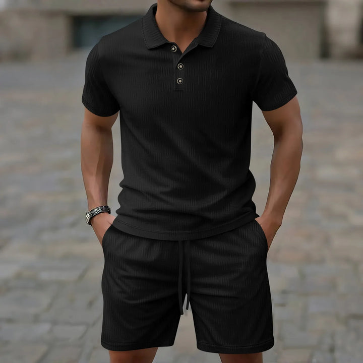Herren Kurzarm Polo-Set Detailansicht des Stoffes und Kragens