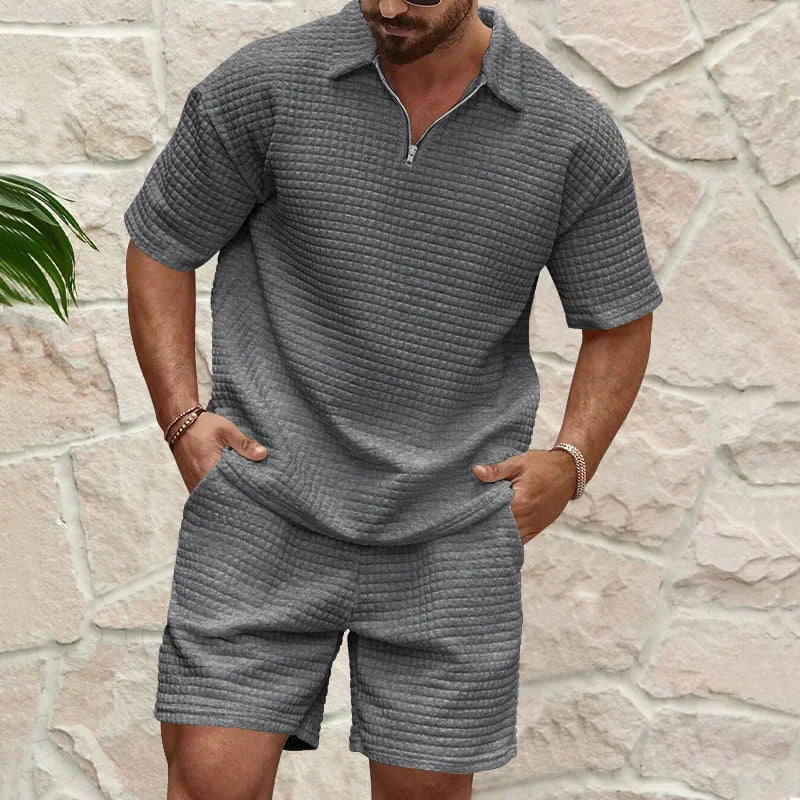Freizeitbekleidung Herrenmode Sommer Set in Grau mit Strukturmuster