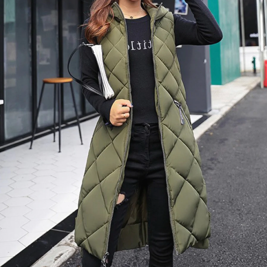 Damen Langer Puffer-Weste mit Kapuze, Karbonfarben