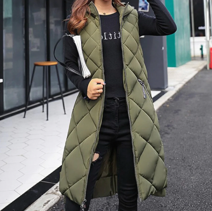 Damen Langer Puffer-Weste mit Kapuze, Karbonfarben