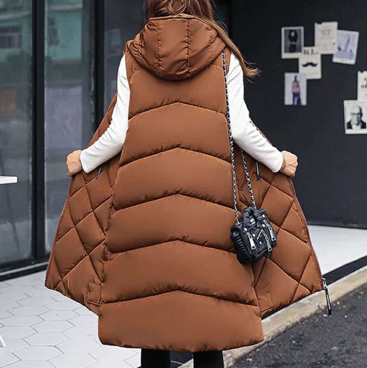 Damen Langer Puffer-Weste mit Kapuze, Karbonfarben