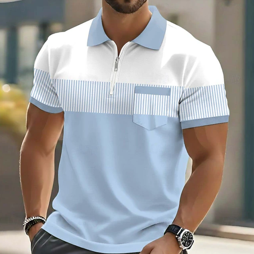 Elegantes Herren Zip-Polohemd mit feinen Streifen. Perfekt für casual und business casual Looks.