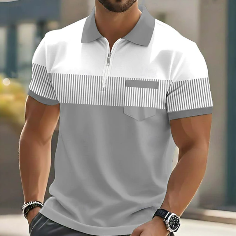 Nahaufnahme: Eleganter Zip-Verschluss & Kragen des modernen Herren Kurzarm-Polohemdes. Hochwertige Mode.
