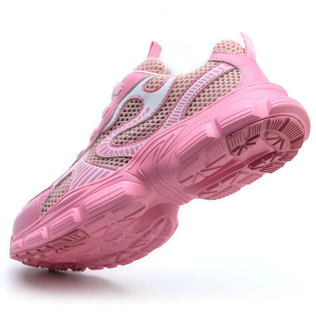 Rosa Damenschuh von oben, Schutzschuh mit atmungsaktivem Obermaterial, leicht & sicher.
