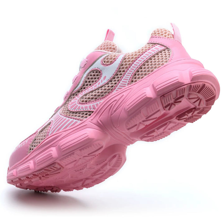 Rosa Damenschuh von oben, Schutzschuh mit atmungsaktivem Obermaterial, leicht & sicher.