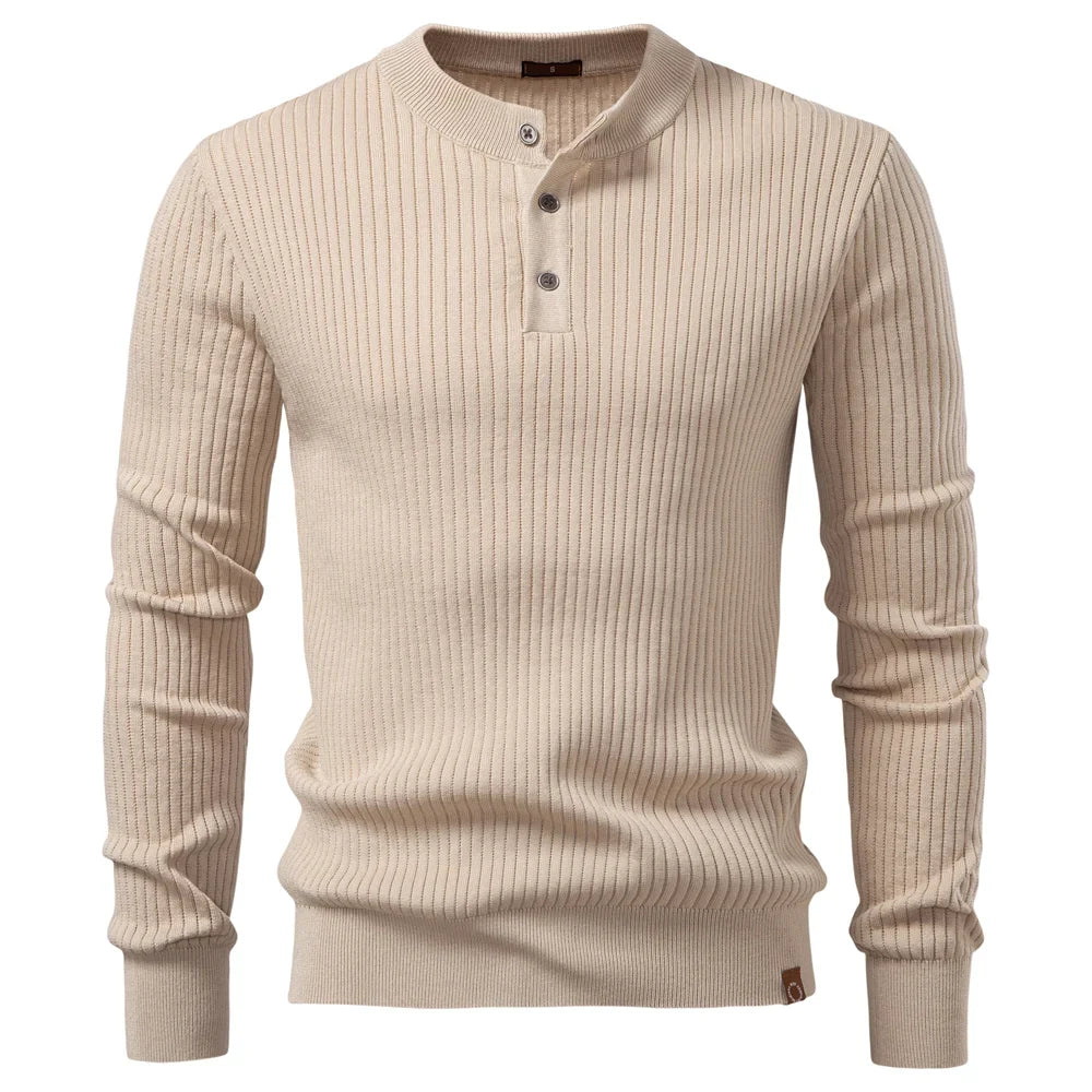 Beiger Herrenmode Pullover gerippt mit legerer Knopfleiste