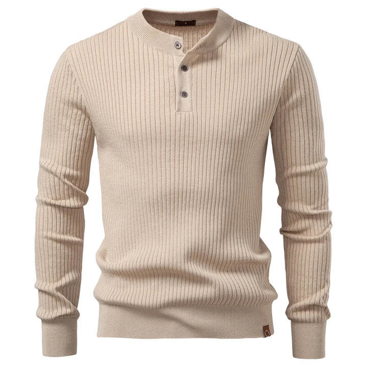 Beiger Herrenmode Pullover gerippt mit legerer Knopfleiste