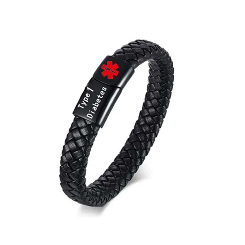 Schwarzes geflochtenes Armband mit "Type 1 Diabetes" Gravur, medizinisches Erkennungsarmband.