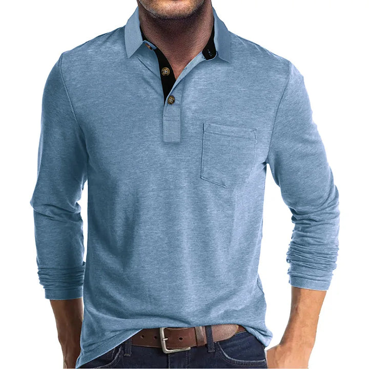 Hellblaues Herren Langarmshirt mit Kragen und Knopfleiste