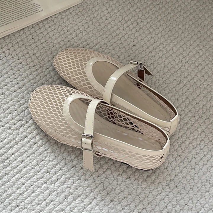 Beige Damen Mesh-Sandalen mit runder Zehenkappe und Schnallenverschluss