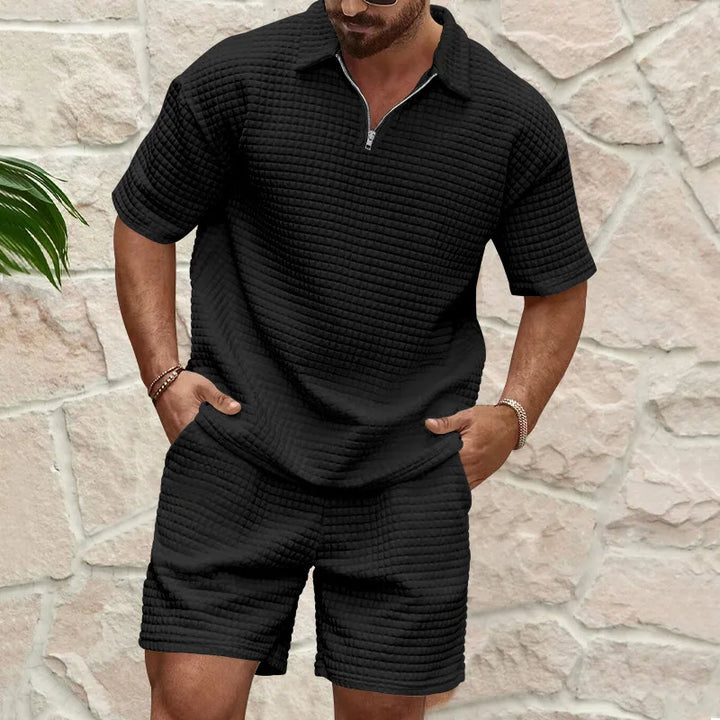 Herren Kurzarm Polo-Set in Schwarz mit Reißverschluss und Shorts