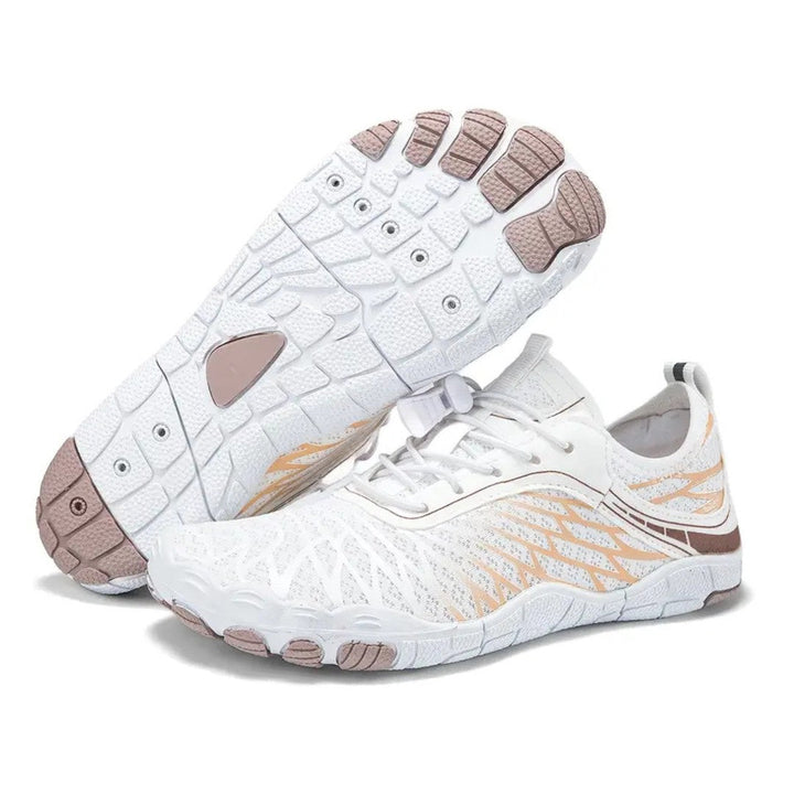 Elegante weiße Barfußschuhe mit Zehenabtrennung und flexibler Sohle