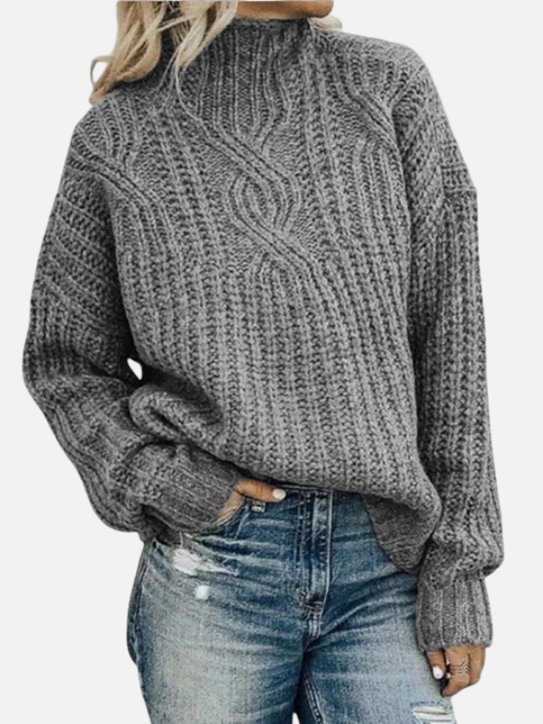 Damen Grobstrickpullover in Grau mit Zopfmuster und Stehkragen