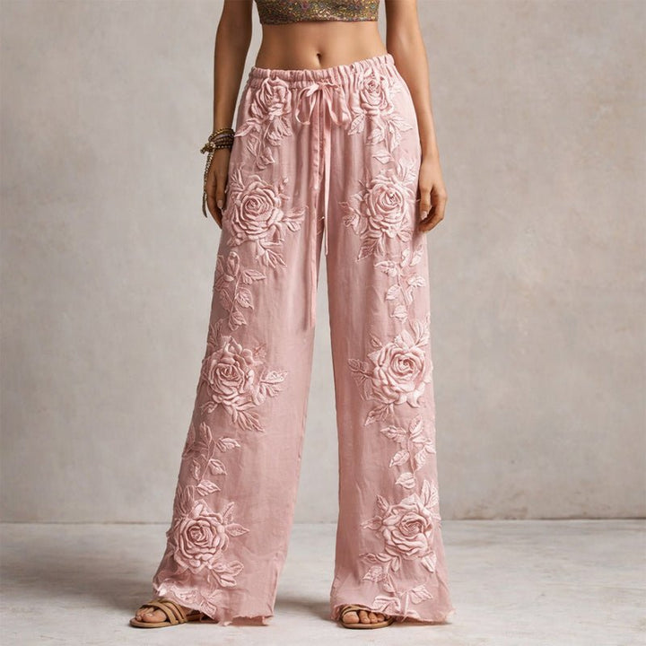 Damen Stoffhose mit weitem Bein in Rosa mit floraler Stickerei