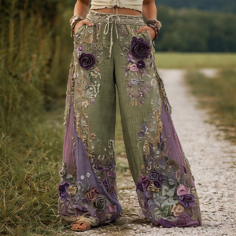 Grüne Damen Stoffhose mit weitem Bein und kunstvoller Stickerei