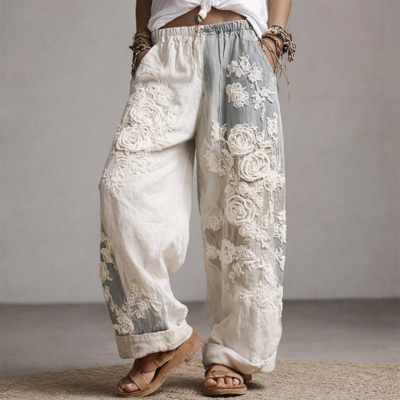 Damen Sommerhose mit weitem Bein und floraler Stickerei in eleganter Ansicht