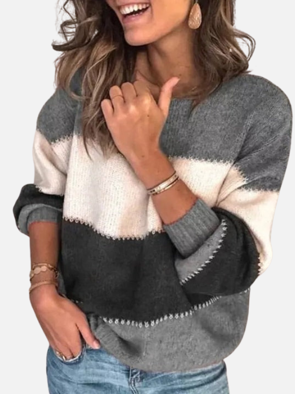 Damen gestreifter Strickpullover in Grau mit Rundhalsausschnitt