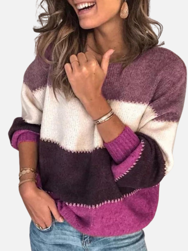 Casual Damen Strickpullover mit Streifen Muster und klassischem Rundhalsausschnitt