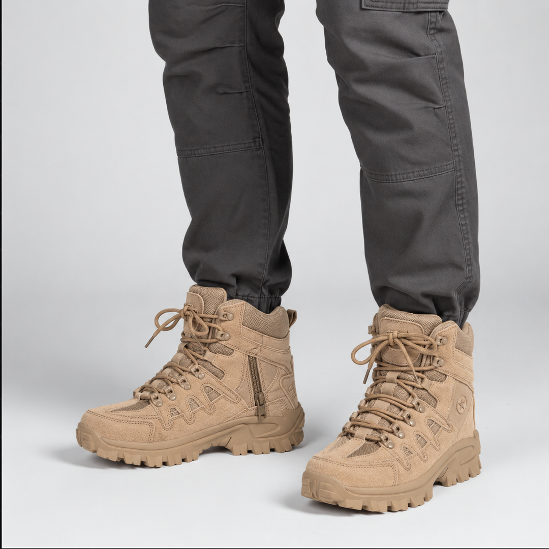 Khakifarbene wasserdichte Wanderstiefel im Studiofotografiestil