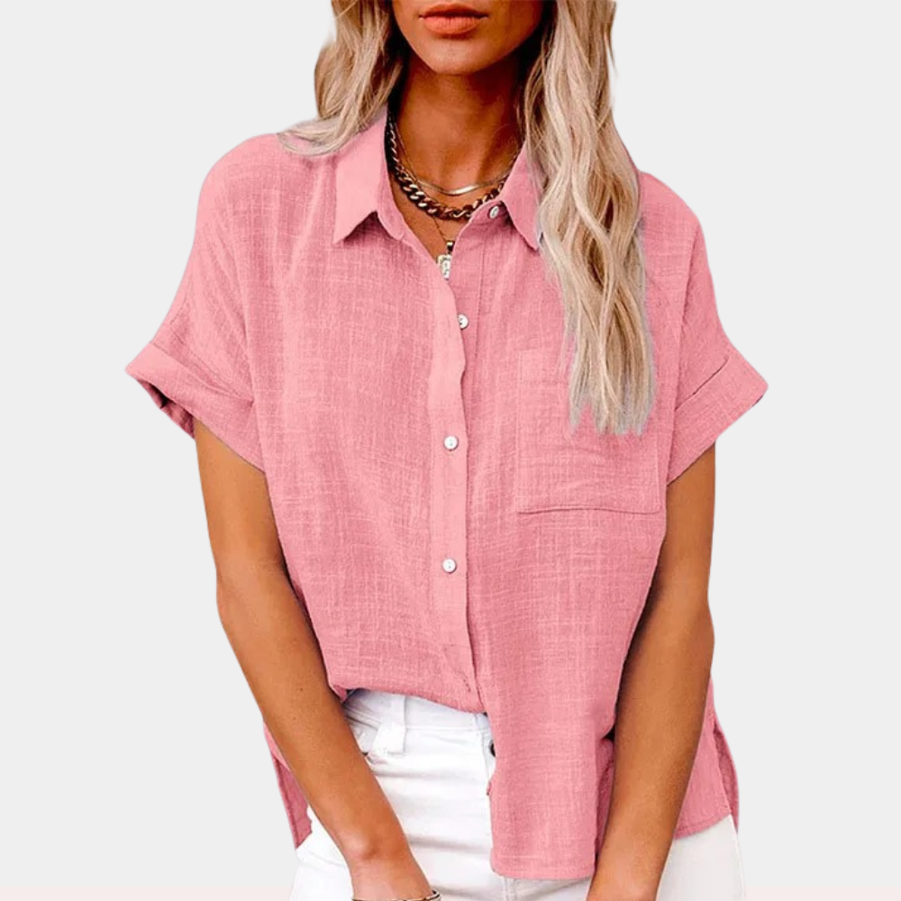 Damen Kurzarmbluse mit Knopfleiste in Loose Fit. Ideal als leichtes Sommer Oberteil für Freizeit & Alltag.