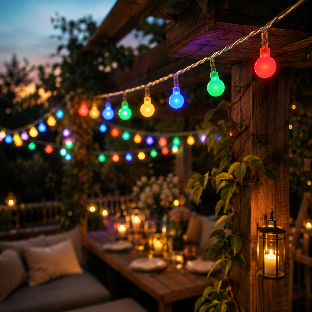 Mehrfarbige LumaOrbs LED Lichterkette, die eine gemütliche Gartenparty bei Sonnenuntergang beleuchtet