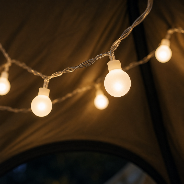 Warmweiße LumaOrbs LED Lichterkette, die ein Zelt oder einen Innenraum sanft erhellt