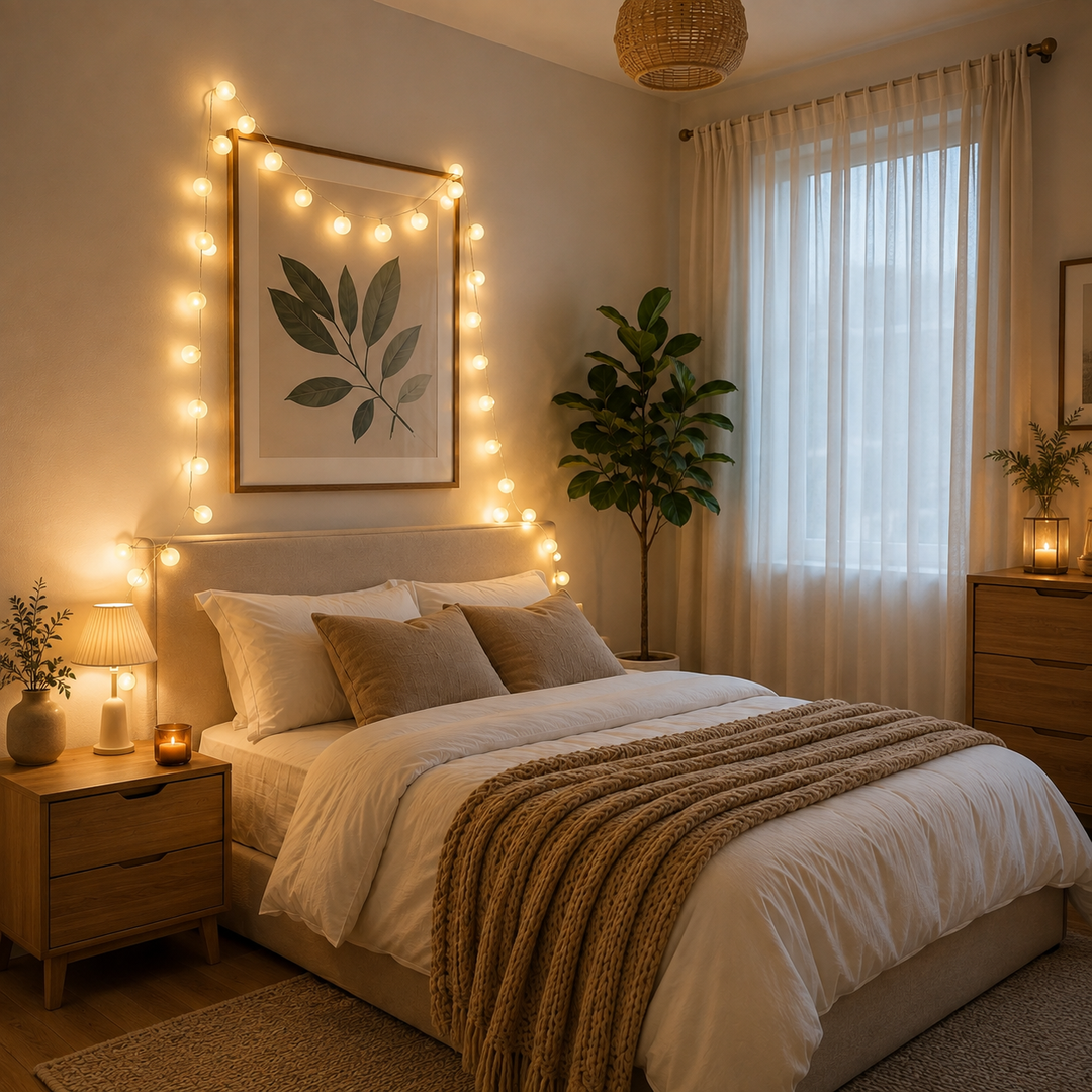 Stimmungsbild der LumaOrbs Lichterkette in einem modernen Wohnraum