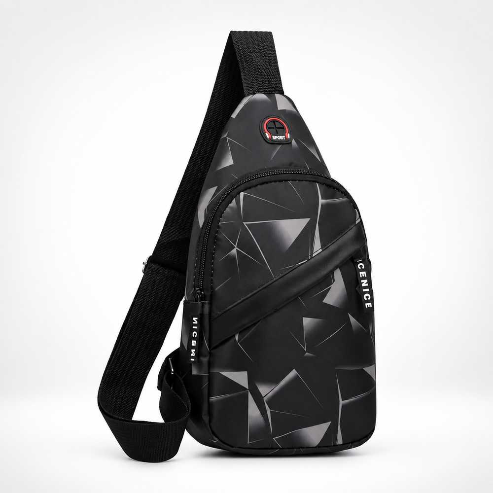 Detaillierte Ansicht der schwarzen geometrischen Brusttasche auf hellem Hintergrund