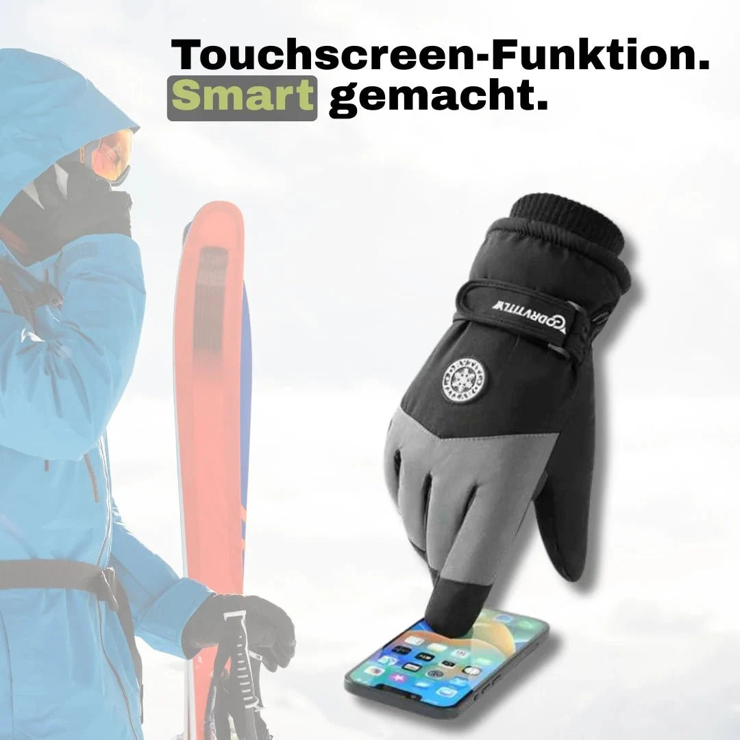 Detailansicht der Unisex Ski-Handschuhe mit rutschfestem Grip für sicheres Halten von Skistöcken auf der Piste.
