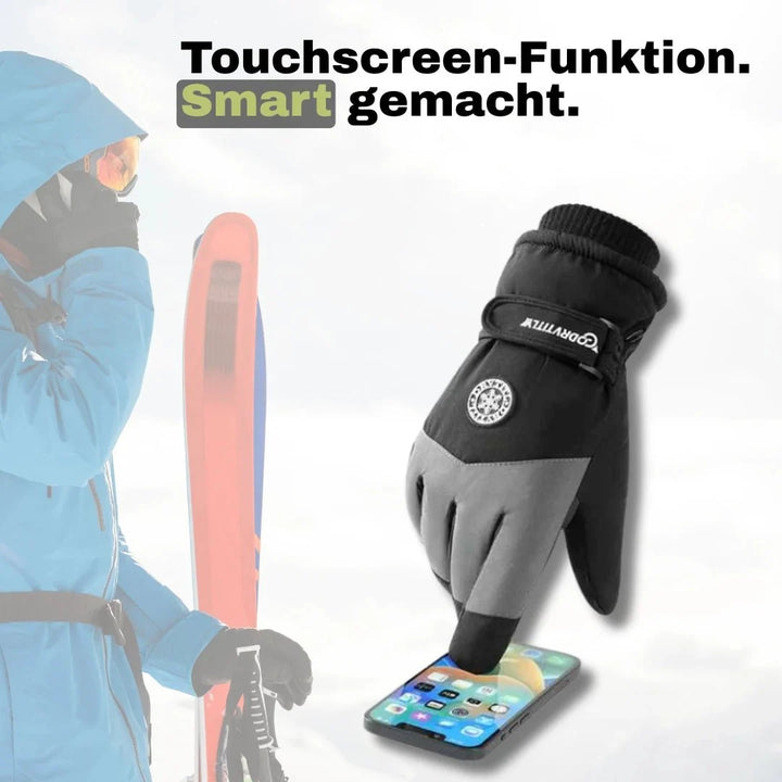 Detailansicht der Unisex Ski-Handschuhe mit rutschfestem Grip für sicheres Halten von Skistöcken auf der Piste.