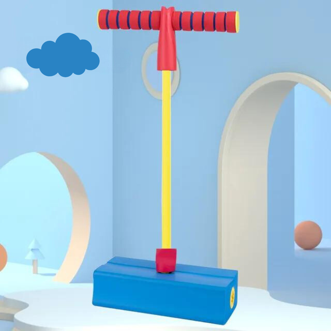 Bunter Kinder-Pogo-Stick aus Schaumstoff, gelb-rot, für drinnen und draußen, Spielzeug.