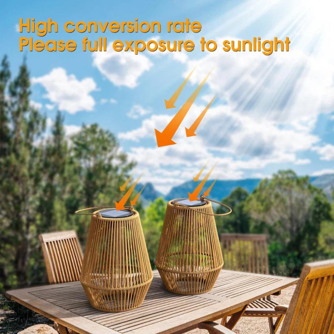 Solarbetriebene Bambuslaternen im Freien, Sonnenlicht, Gartenbeleuchtung, umweltfreundlich.