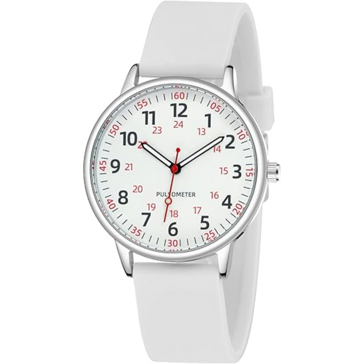 Weiße Armbanduhr mit Pulsmesser, Edelstahlgehäuse, roter Sekundenzeiger, modernes Design.