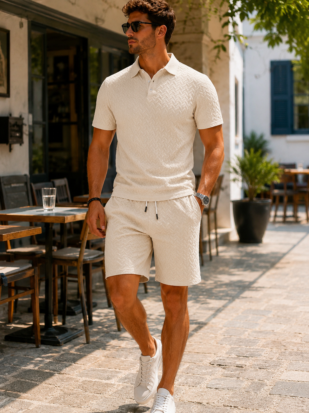 Modisches Herren Zweiteiler-Set in Beige für stilvolle Sommerauftritte.