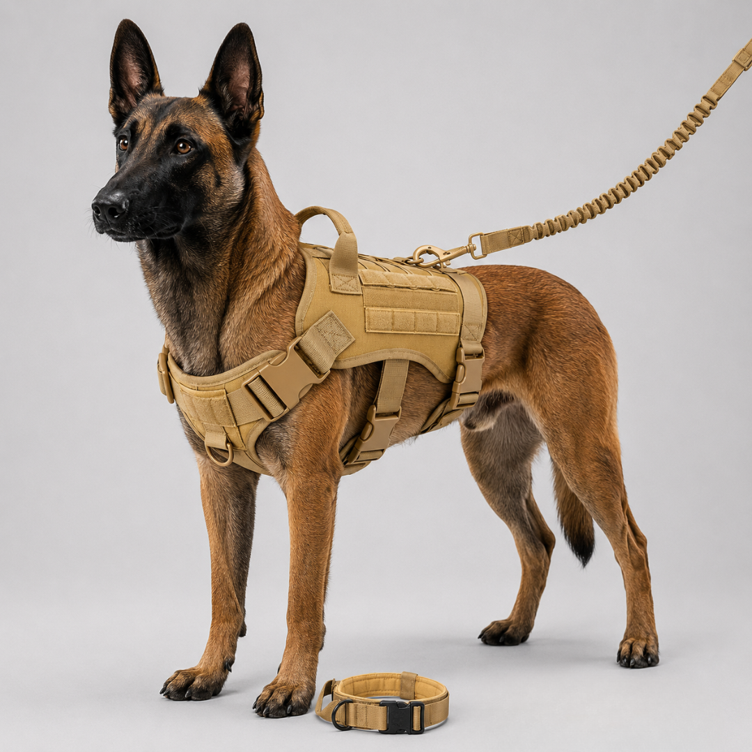 Malinois-Hund trägt beigefarbenes taktisches Hundegeschirr mit Leine und Halsband.
