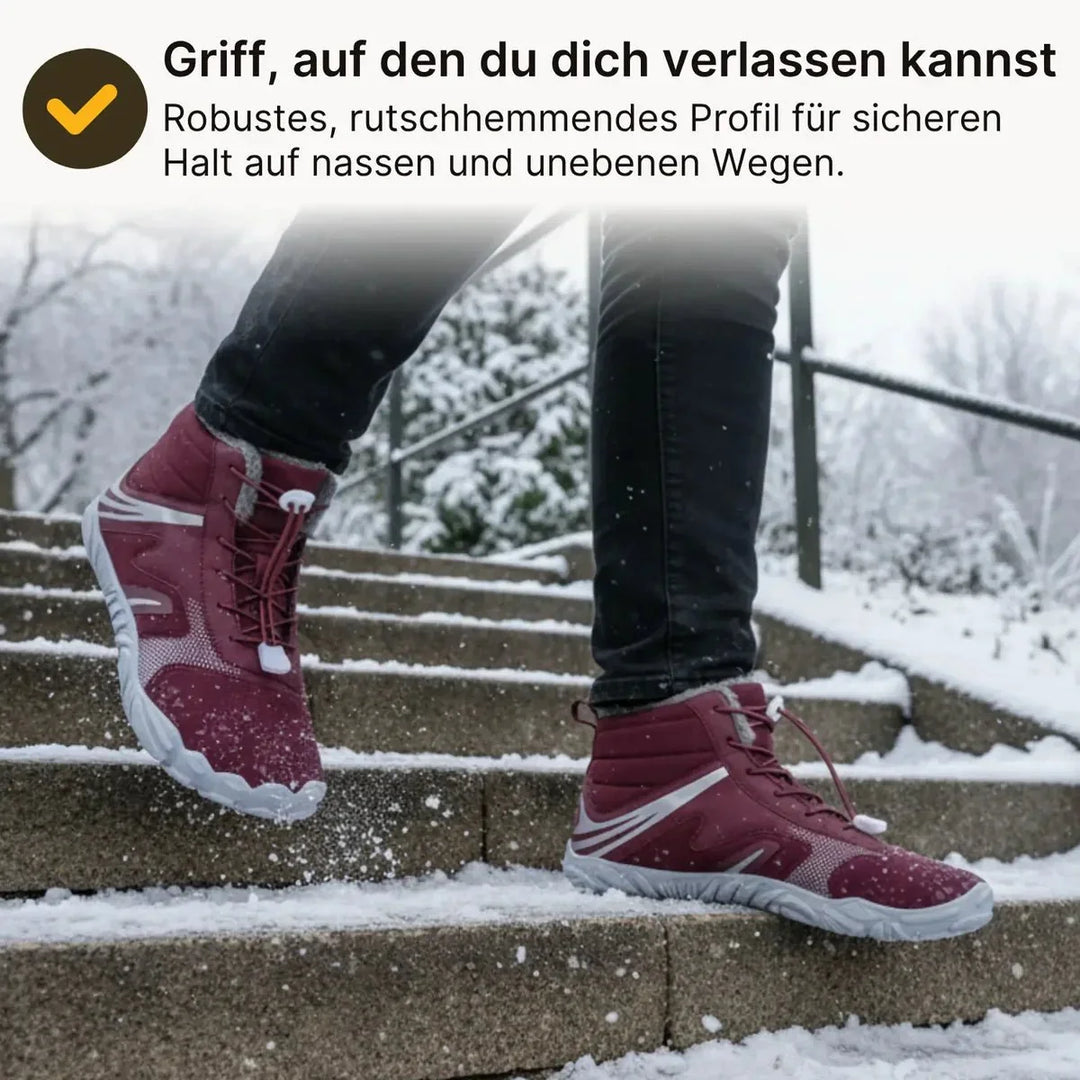 Detailansicht: flexible Laufsohle der Barfuß-Winterschuhe, rutschfest für sicheren Halt im Schnee.