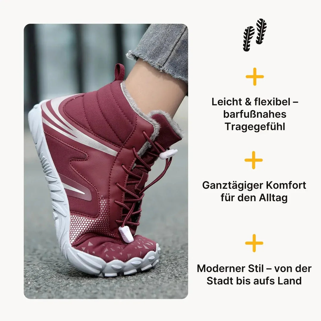 Nahaufnahme des wasserabweisenden Materials der Barfuß-Winterschuhe. Hält Füße trocken & warm.