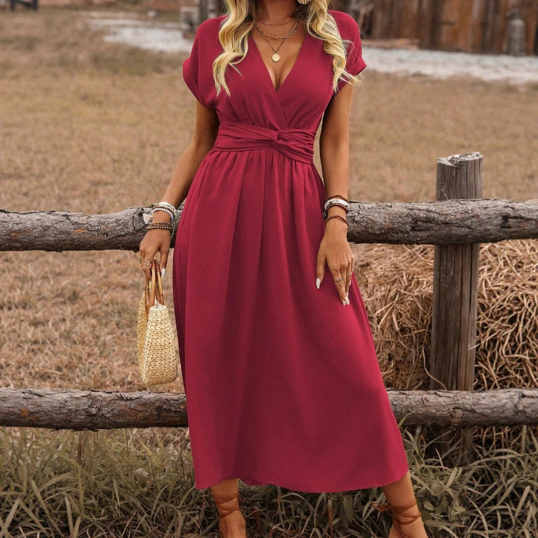 Vielseitiges Damen Boho-Kleid, langes Sommerkleid mit V-Ausschnitt, elegant und bequem für jeden Anlass.