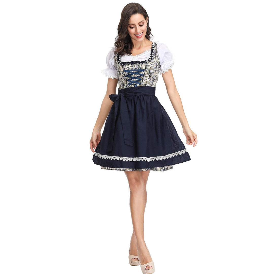 Damen Dirndlkleid in Blau mit Blumendruck und Schürze für das Oktoberfest