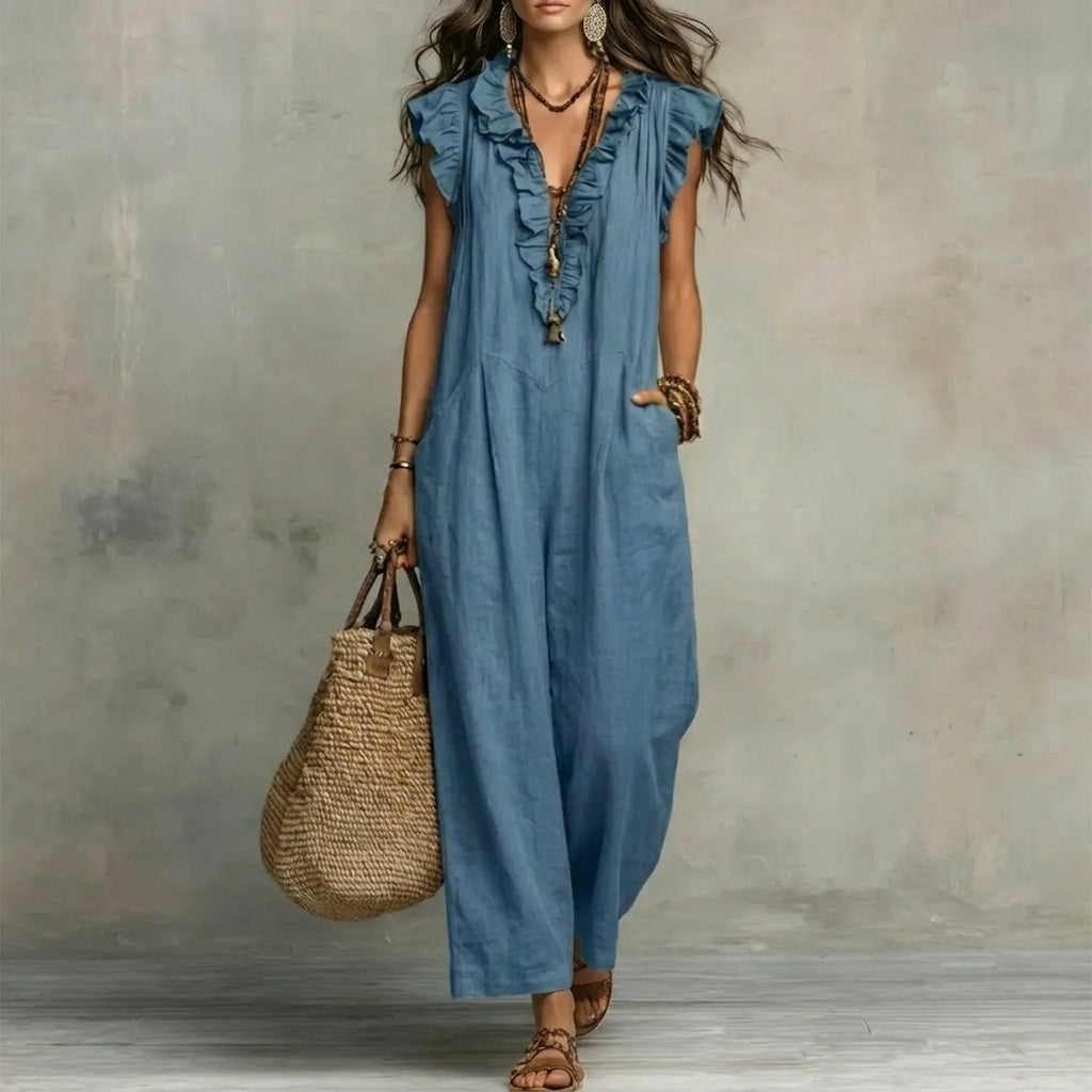 Langes Sommerkleid für Damen mit elegantem V-Ausschnitt von hinten