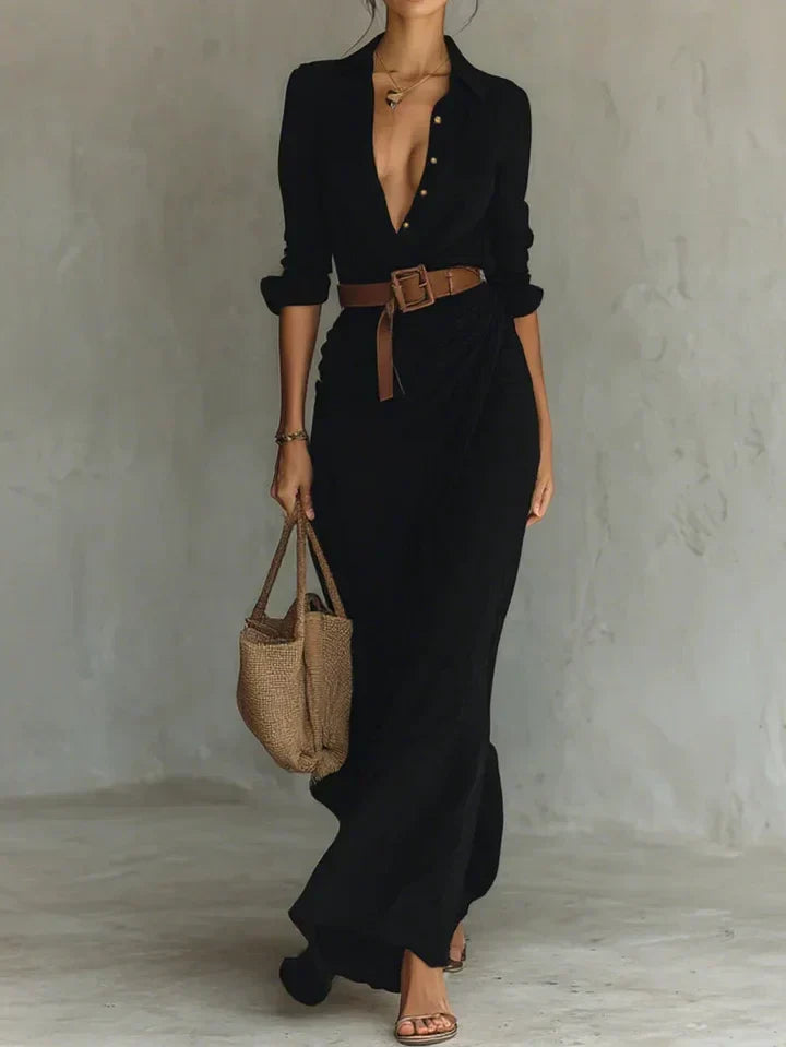 Damen Maxi Hemdkleid in elegantem Stil mit Stoffgürtel für Business Casual