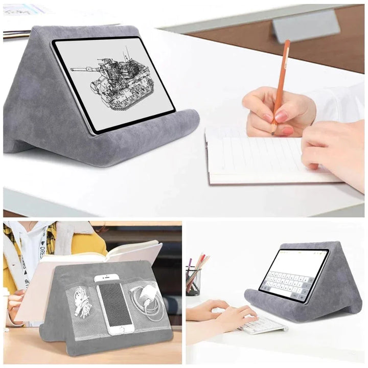 Graues Kissen-Tablet-Ständer für iPad, Samsung, Huawei; ideal für Bett, Sofa, Schreibtisch.