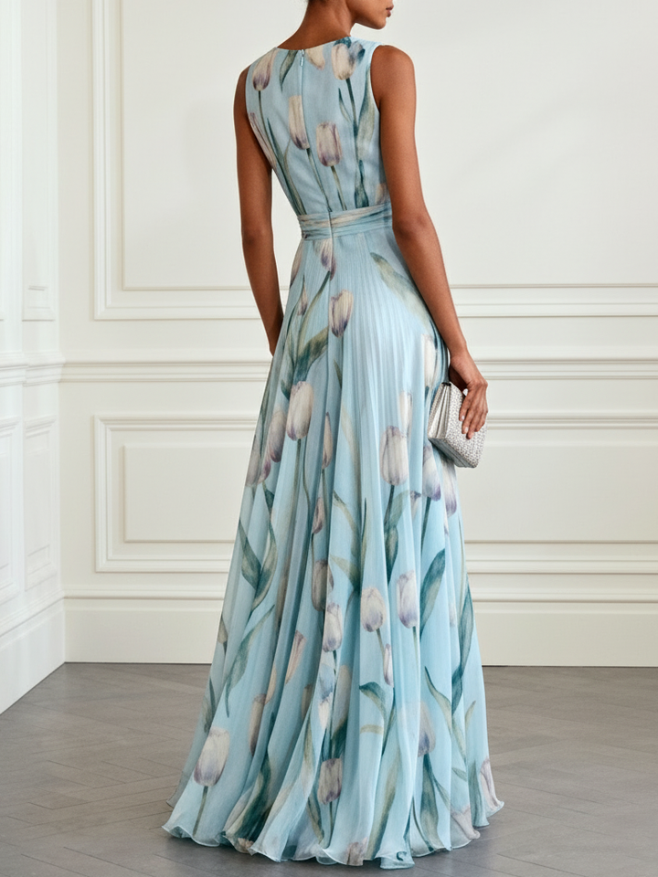 Elegant Sommerkleid als Maxikleid mit floralem Tulpenmuster in der Ansicht von hinten